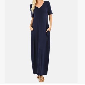 Zenana stretchy soft navy blue maxi with pockets short sleeved Summer long dress